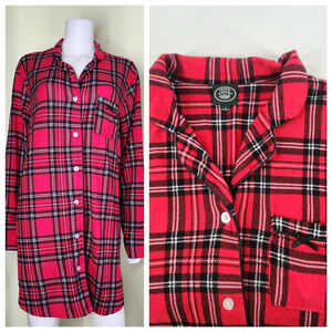 Laura Ashley Sleepwear Pajama Button Down Dress Shirt Size Large Red Black Plaid